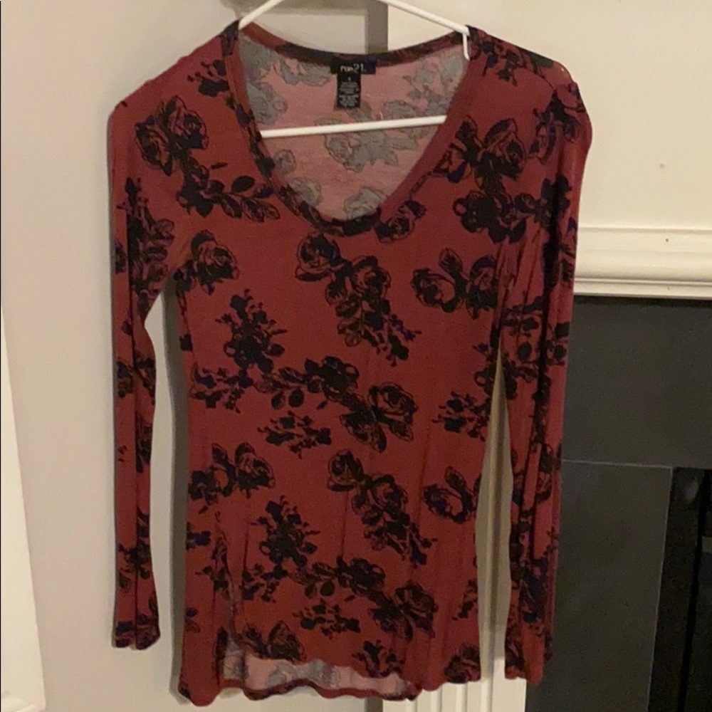 Maroon and black, floral long sleeve shirt.